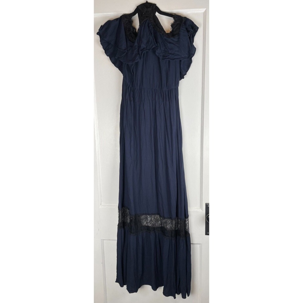 Alice & Olivia Dress Womens 4 Navy Mitsy Off The Shoulder Maxi Lace Whimsigoth